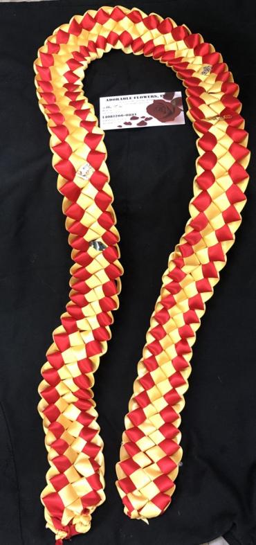 Double ribbon lei - red/gold