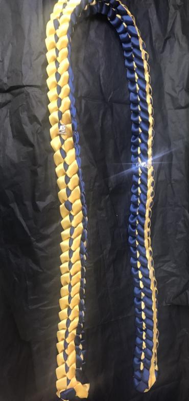 Double ribbon lei - blue/gold open ends