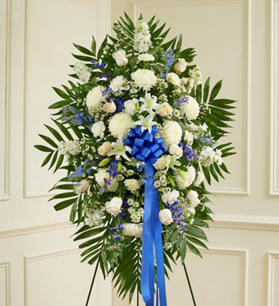 Deepest Sympathies Blue &amp; White Standing Spray